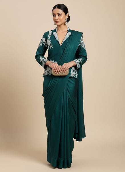 Designer Chinnon Silk Ready-to-Wear Drape Saree with Multi-Thread Embroidered Jacket Blouse