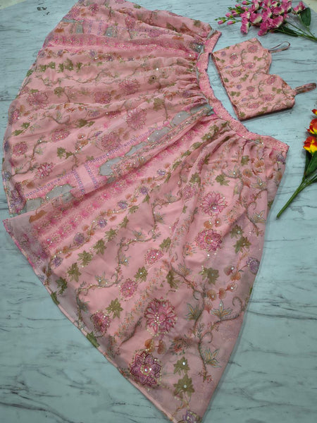 Floral Print Taby Silk Wedding Lehenga with 3.5M Flair and Real Mirror Work