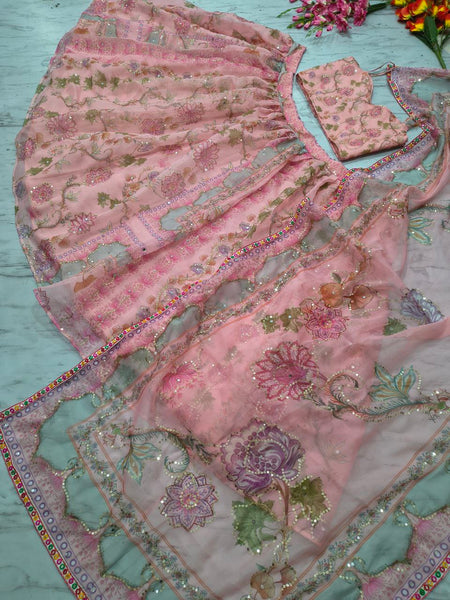 Floral Print Taby Silk Wedding Lehenga with 3.5M Flair and Real Mirror Work