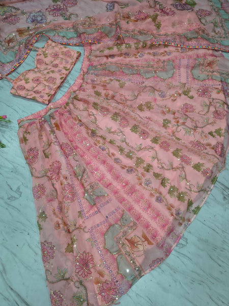 Floral Print Taby Silk Wedding Lehenga with 3.5M Flair and Real Mirror Work