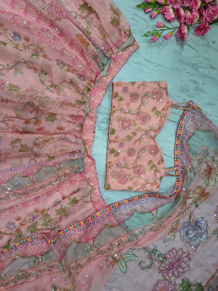 Floral Print Taby Silk Wedding Lehenga with 3.5M Flair and Real Mirror Work