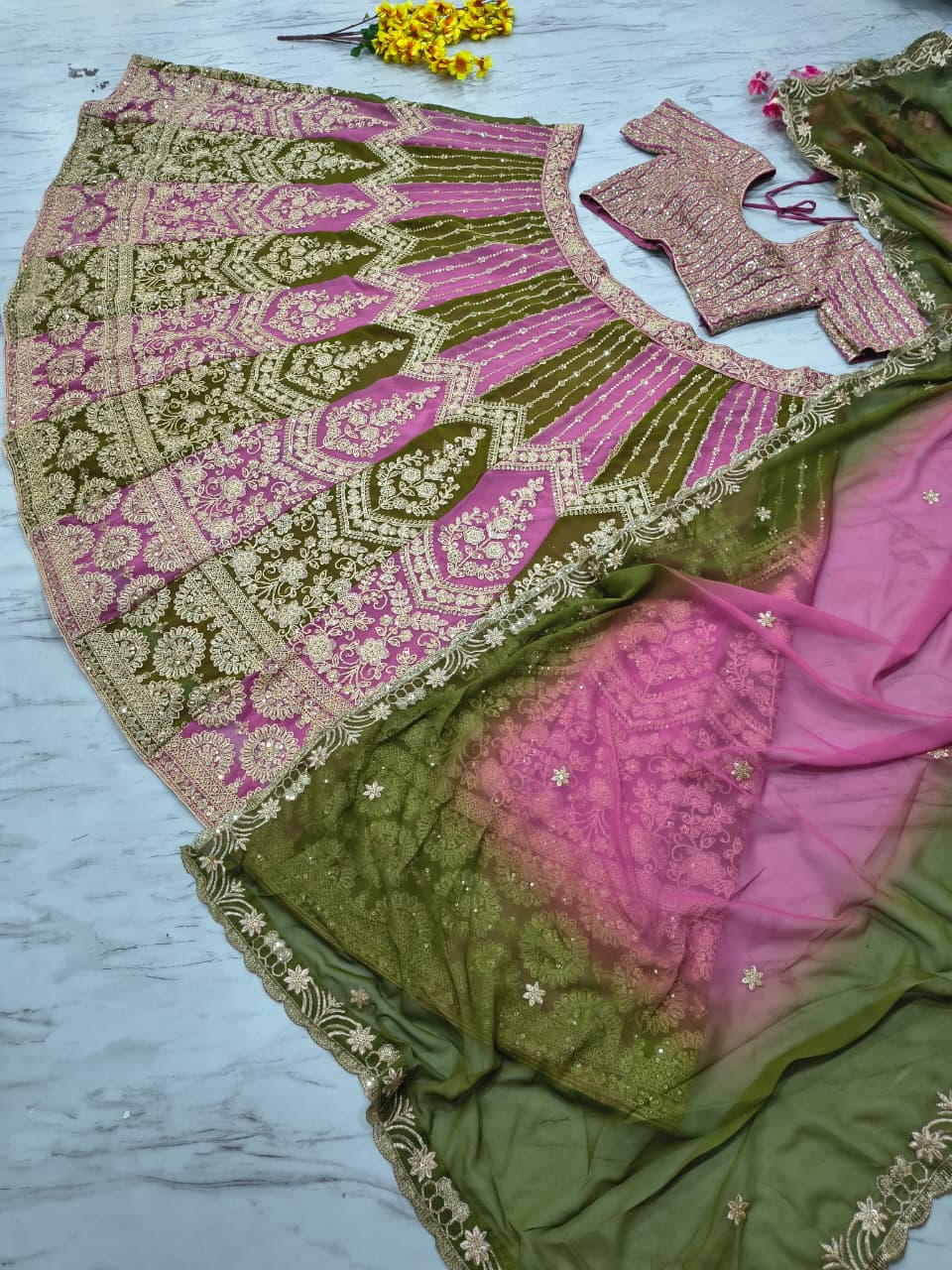 Premium Faux Georgette Lehenga Choli Dupatta Set | Coding & Sequins Embroidery | 3.5M Flair