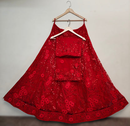 Red Net Latest Lehenga Embroidery Work