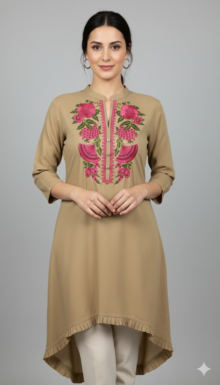Beige Color Georgette Embroidery Kurti