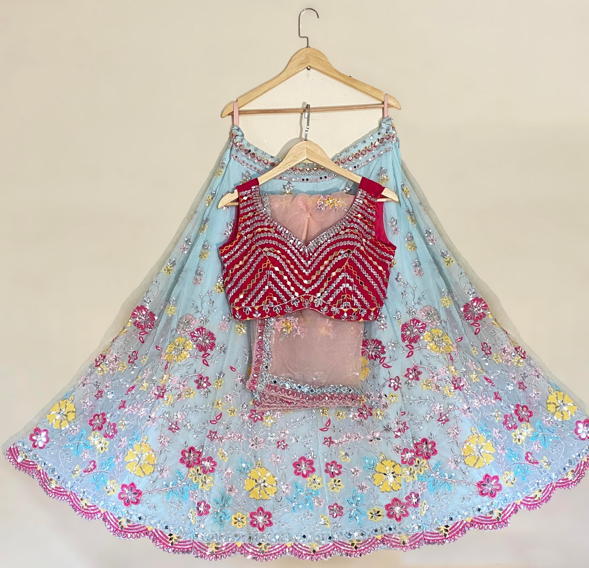 Sky Blue Real Mirror Work Lehenga