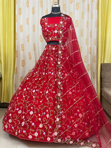 Red Net Wedding Wear Lehenga With Can Can