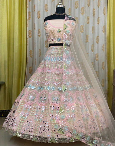 Peach Net Lehenga, Intricate Real Mirror Sequence Embroidery Work
