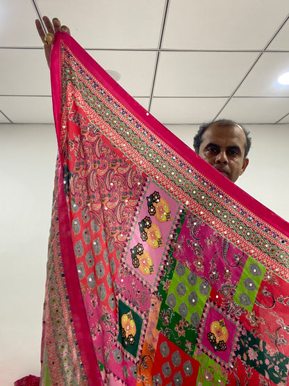 Mirror Work Printed Chinnon Silk Saree with Blouse