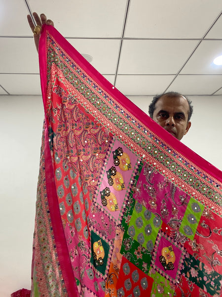 Mirror Work Printed Chinnon Silk Saree with Blouse