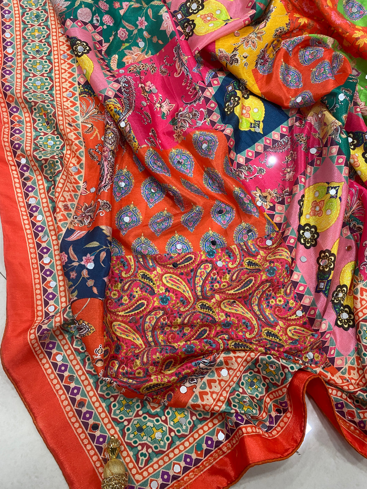 Mirror Work Printed Chinnon Silk Saree with Blouse