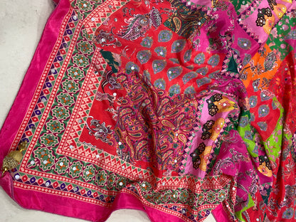 Mirror Work Printed Chinnon Silk Saree with Blouse