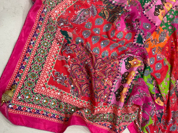 Mirror Work Printed Chinnon Silk Saree with Blouse