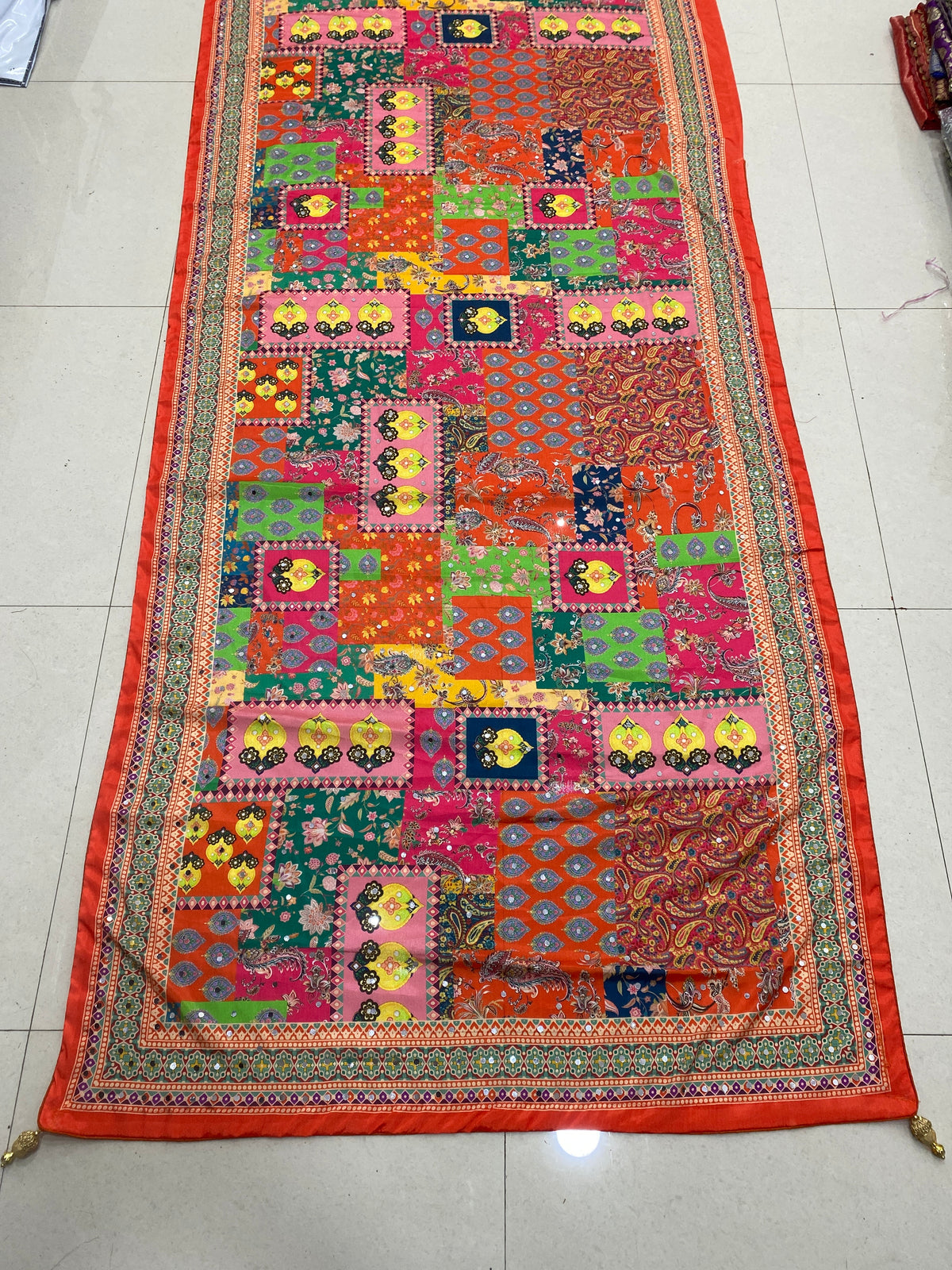 Mirror Work Printed Chinnon Silk Saree with Blouse