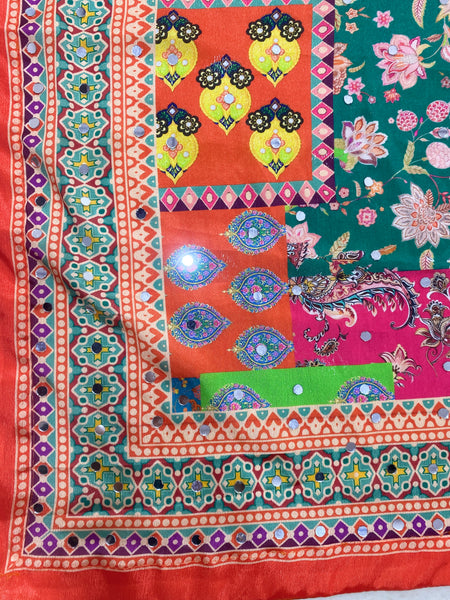 Mirror Work Printed Chinnon Silk Saree with Blouse