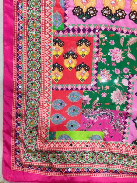 Mirror Work Printed Chinnon Silk Saree with Blouse