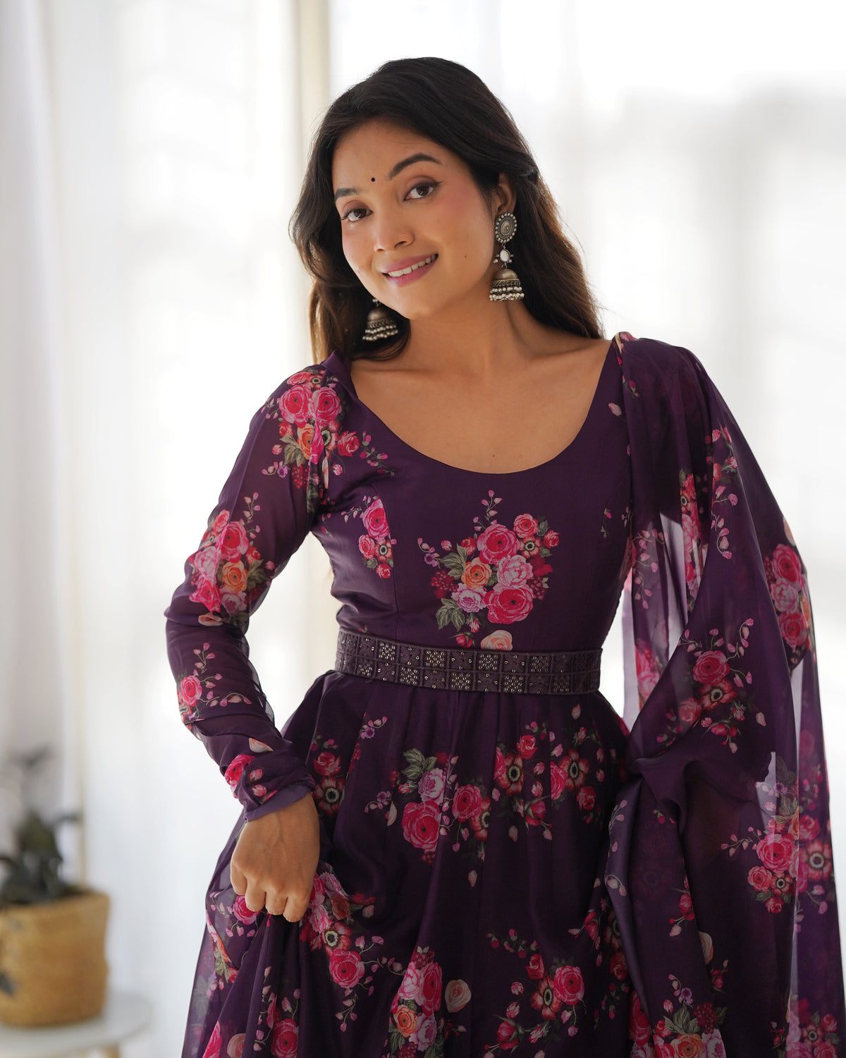 Soft Organza Silk Anarkali Kali Cut Gown Waist Belt Duppta Set Pent Ready To Wear Fully Sttiched