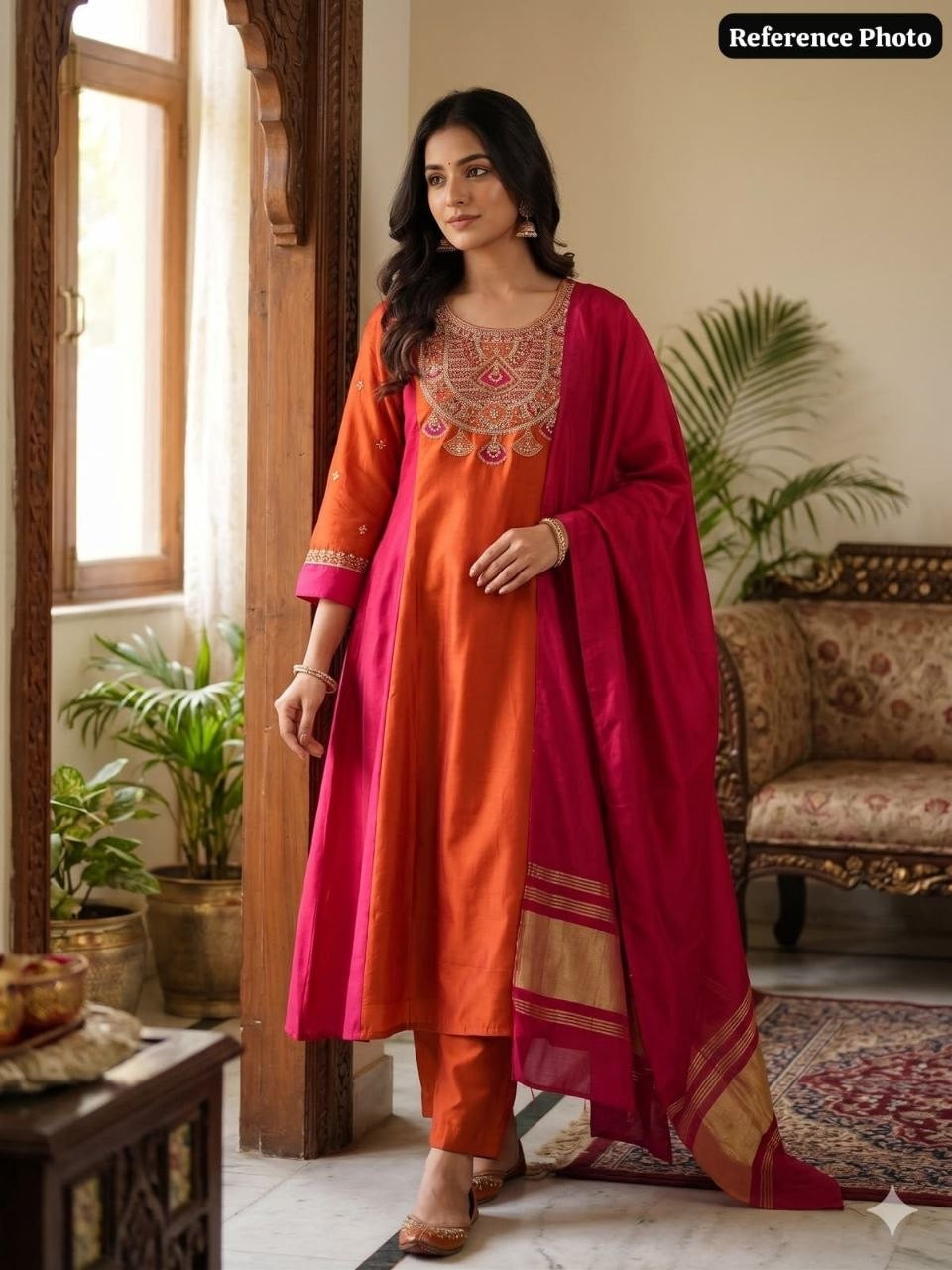 Rust kurta set with fuchsia dupatta lifestyle view