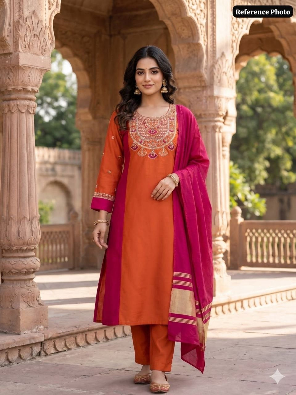 Rust kurta set embroidered neckline lifestyle view
