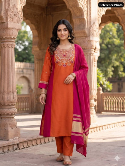 Rust kurta set embroidered neckline lifestyle view