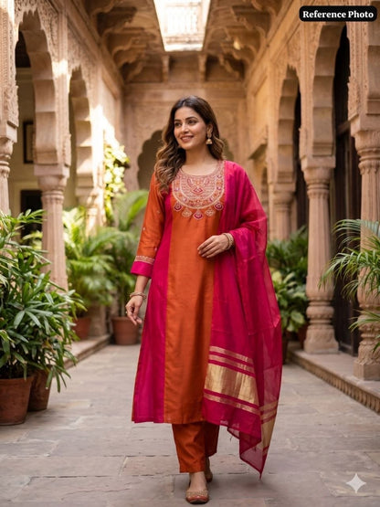 Rust kurta set in courtyard lifestyle view