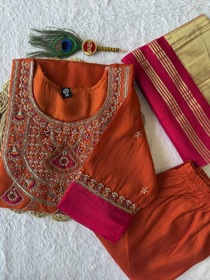 Rust kurta embroidered neckline and sleeve detail