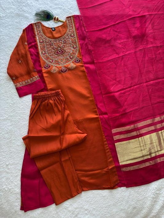 Rust Pure Mul Chanderi kurta set with fuchsia Gaji Silk dupatta - full product flat lay