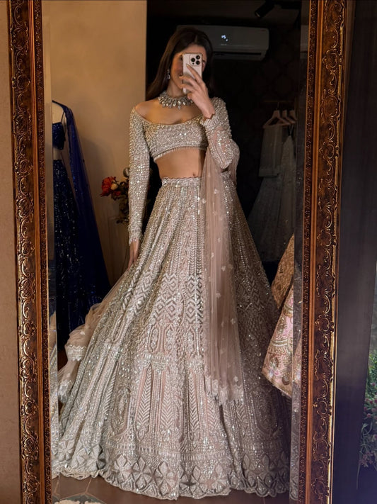 HC-1161 champagne beige embroidered lehenga on model