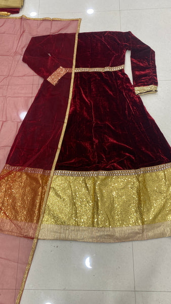 Semi Stitched Maroon Color Velvet Gown
