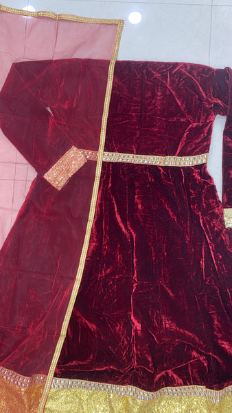 Semi Stitched Maroon Color Velvet Gown