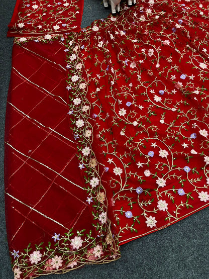 Red Net Wedding Wear Lehenga With Can Can