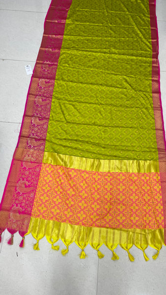 Parrot Green Banarasi Silk saree With Bouse