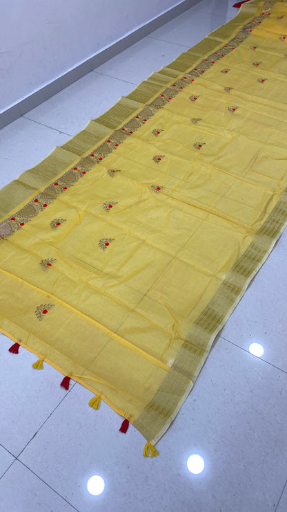 Yellow Color Chander Cotton Gota patti Saree