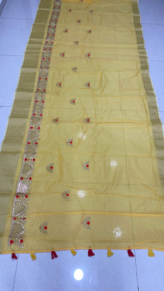 Yellow Color Chander Cotton Gota patti Saree