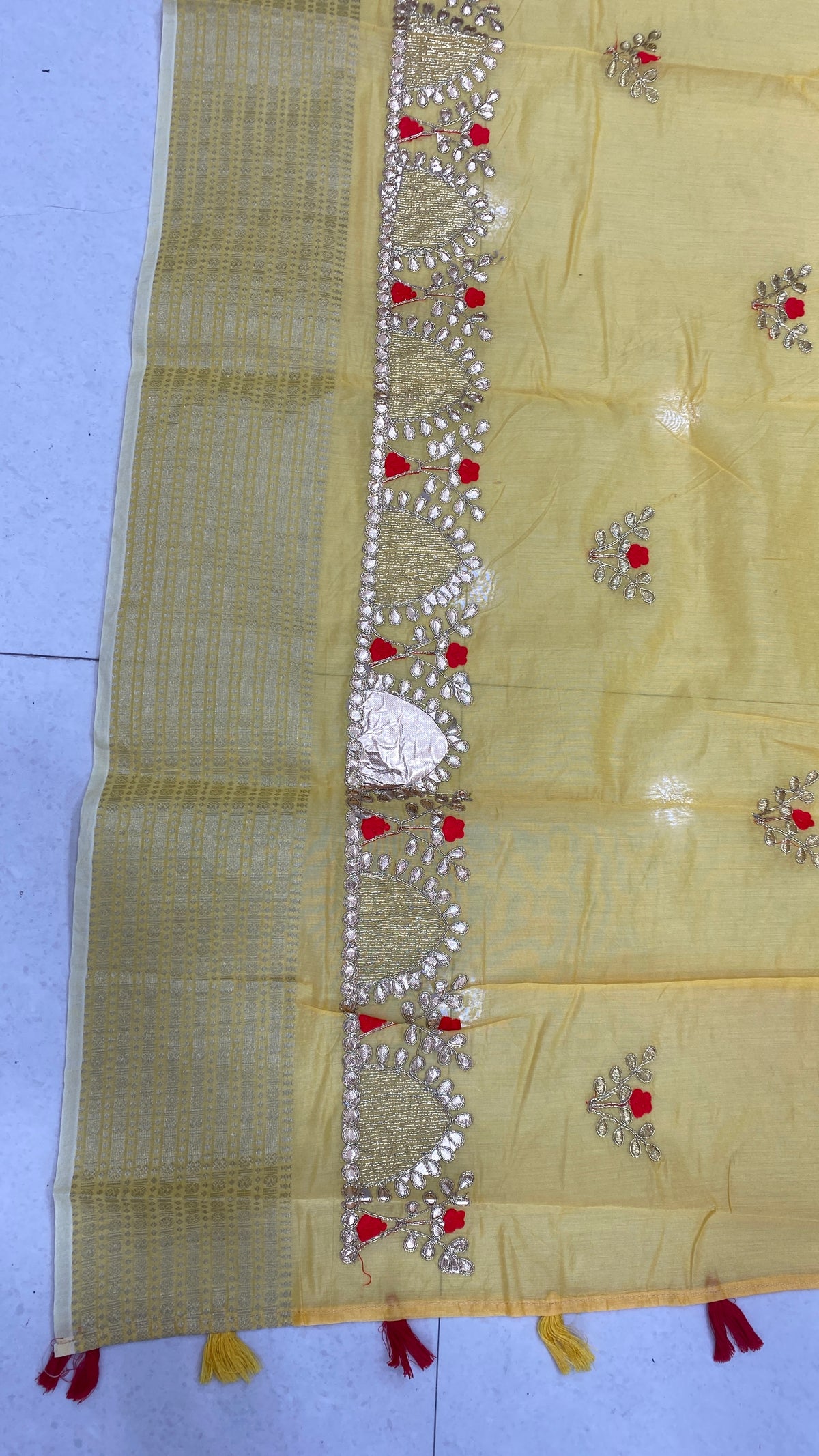 Yellow Color Chander Cotton Gota patti Saree