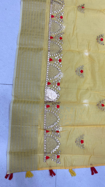 Yellow Color Chander Cotton Gota patti Saree