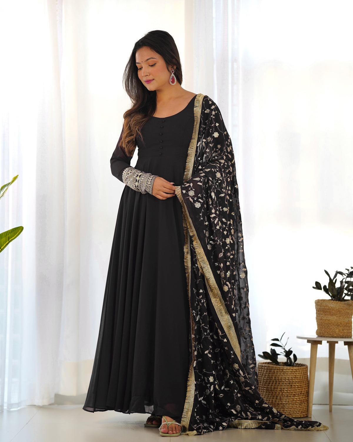 Pretty Georgette Sequence Zari Work Ready Made Anarkali Salwar Suit