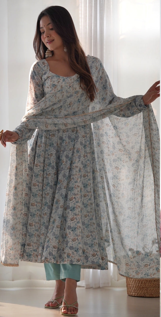Dazzling Organza Chiffon Floral Printed Anarkali Ready Made Salwar Suit
