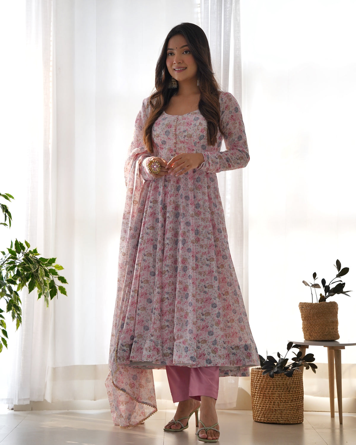 Dazzling Organza Chiffon Floral Printed Anarkali Ready Made Salwar Suit
