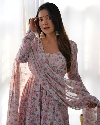 Dazzling Organza Chiffon Floral Printed Anarkali Ready Made Salwar Suit
