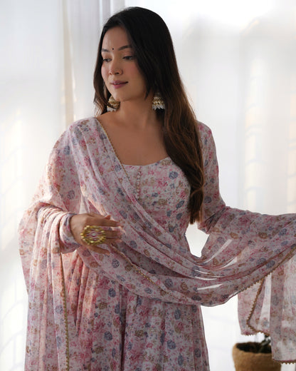 Dazzling Organza Chiffon Floral Printed Anarkali Ready Made Salwar Suit