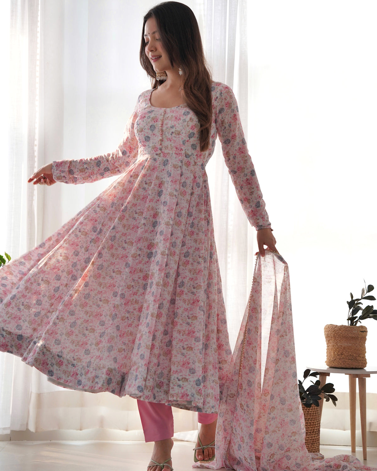 Dazzling Organza Chiffon Floral Printed Anarkali Ready Made Salwar Suit