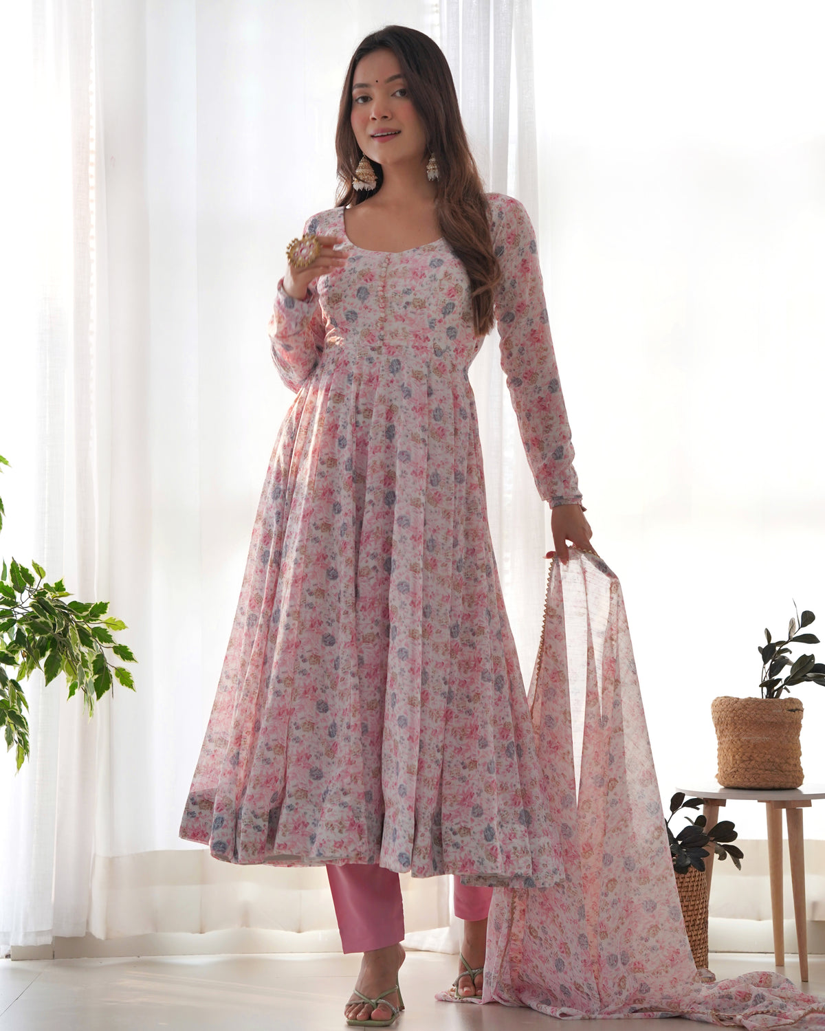 Dazzling Organza Chiffon Floral Printed Anarkali Ready Made Salwar Suit