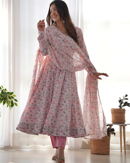 Dazzling Organza Chiffon Floral Printed Anarkali Ready Made Salwar Suit