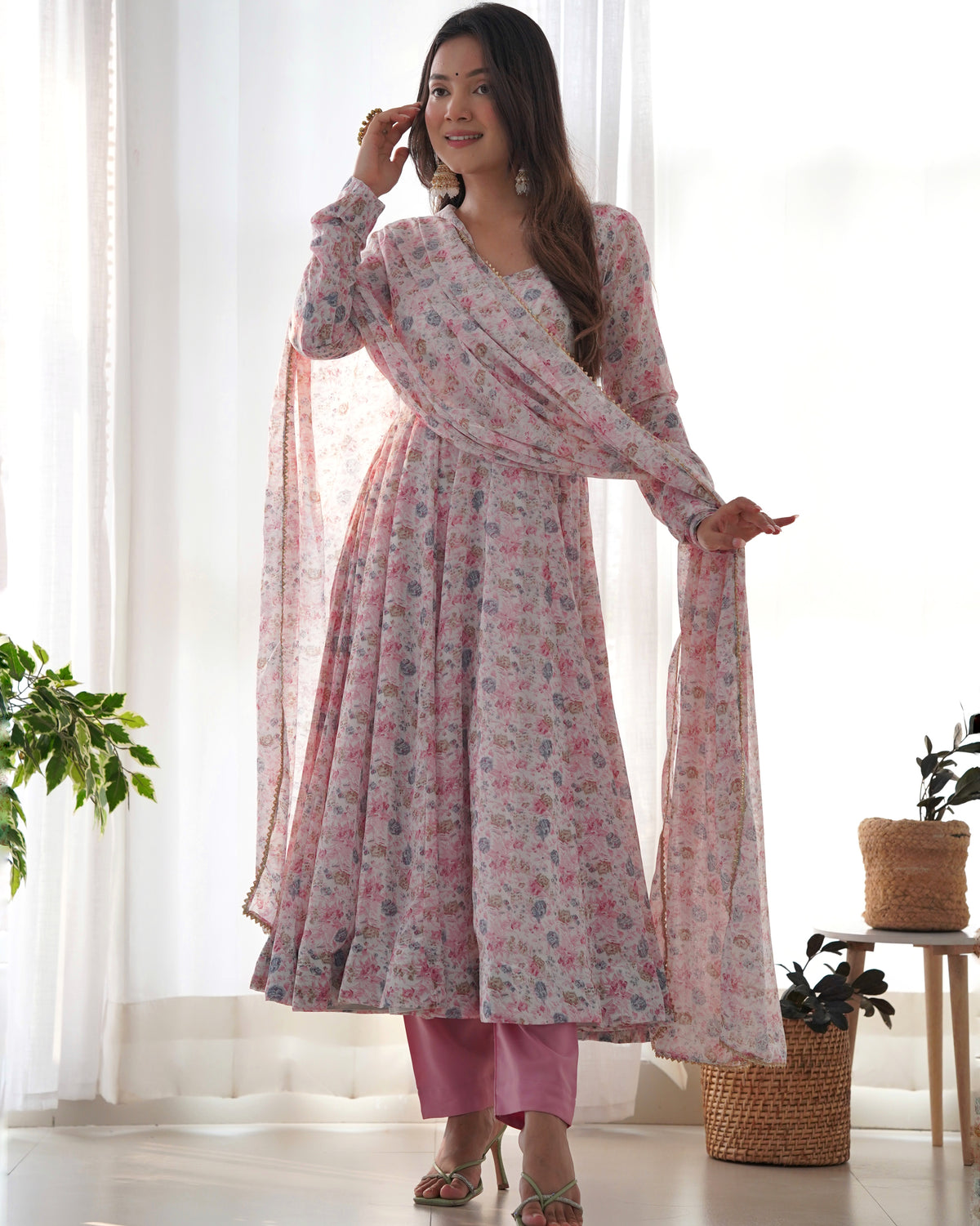 Dazzling Organza Chiffon Floral Printed Anarkali Ready Made Salwar Suit