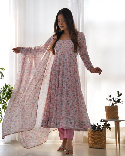Dazzling Organza Chiffon Floral Printed Anarkali Ready Made Salwar Suit