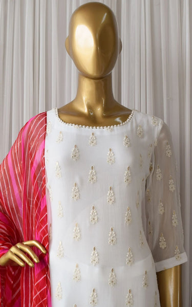 White color Georgette Thread Work Suit with Slub Cotton Pent and Digital Print Dupatta