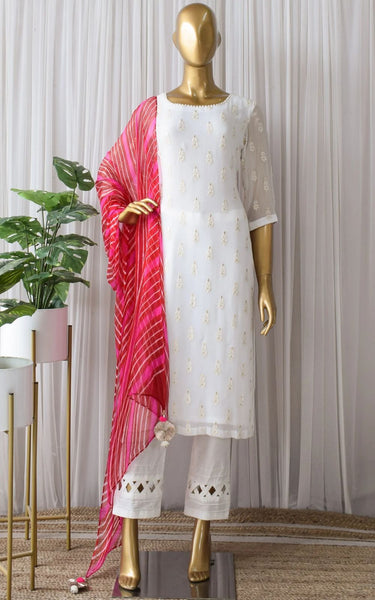 White color Georgette Thread Work Suit with Slub Cotton Pent and Digital Print Dupatta