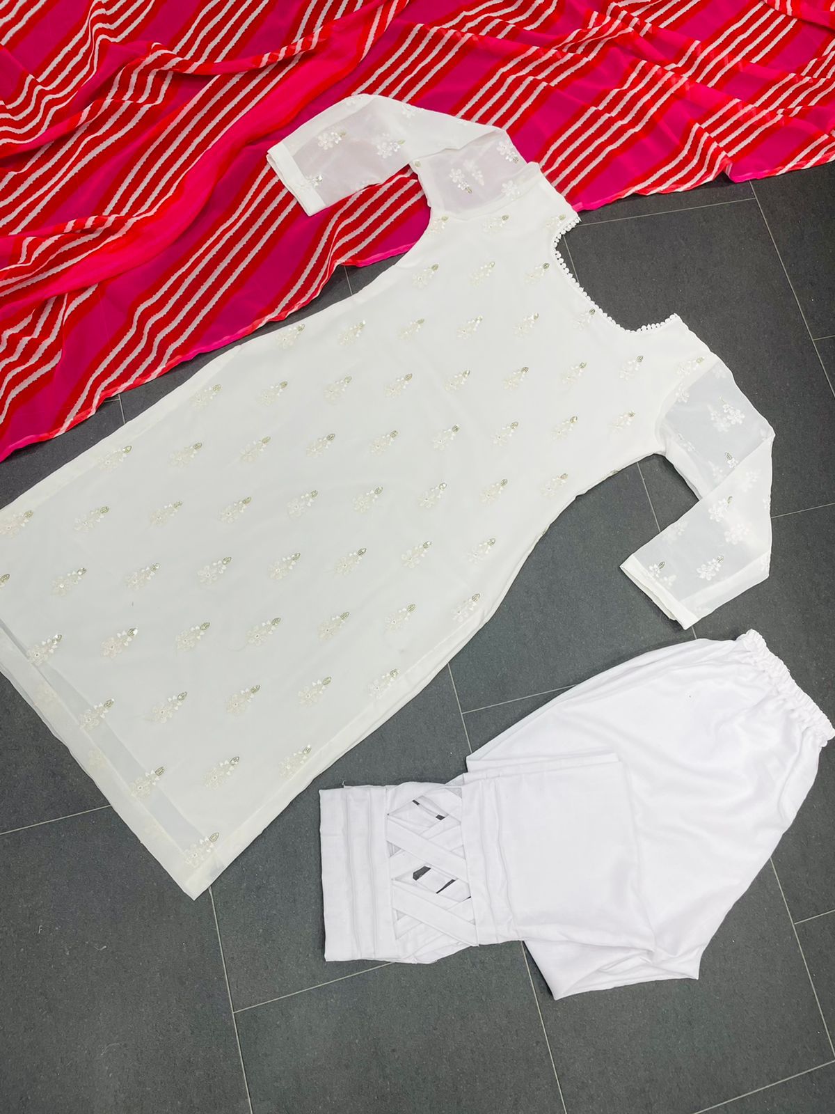 White color Georgette Thread Work Suit with Slub Cotton Pent and Digital Print Dupatta