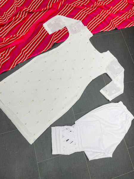 White color Georgette Thread Work Suit with Slub Cotton Pent and Digital Print Dupatta