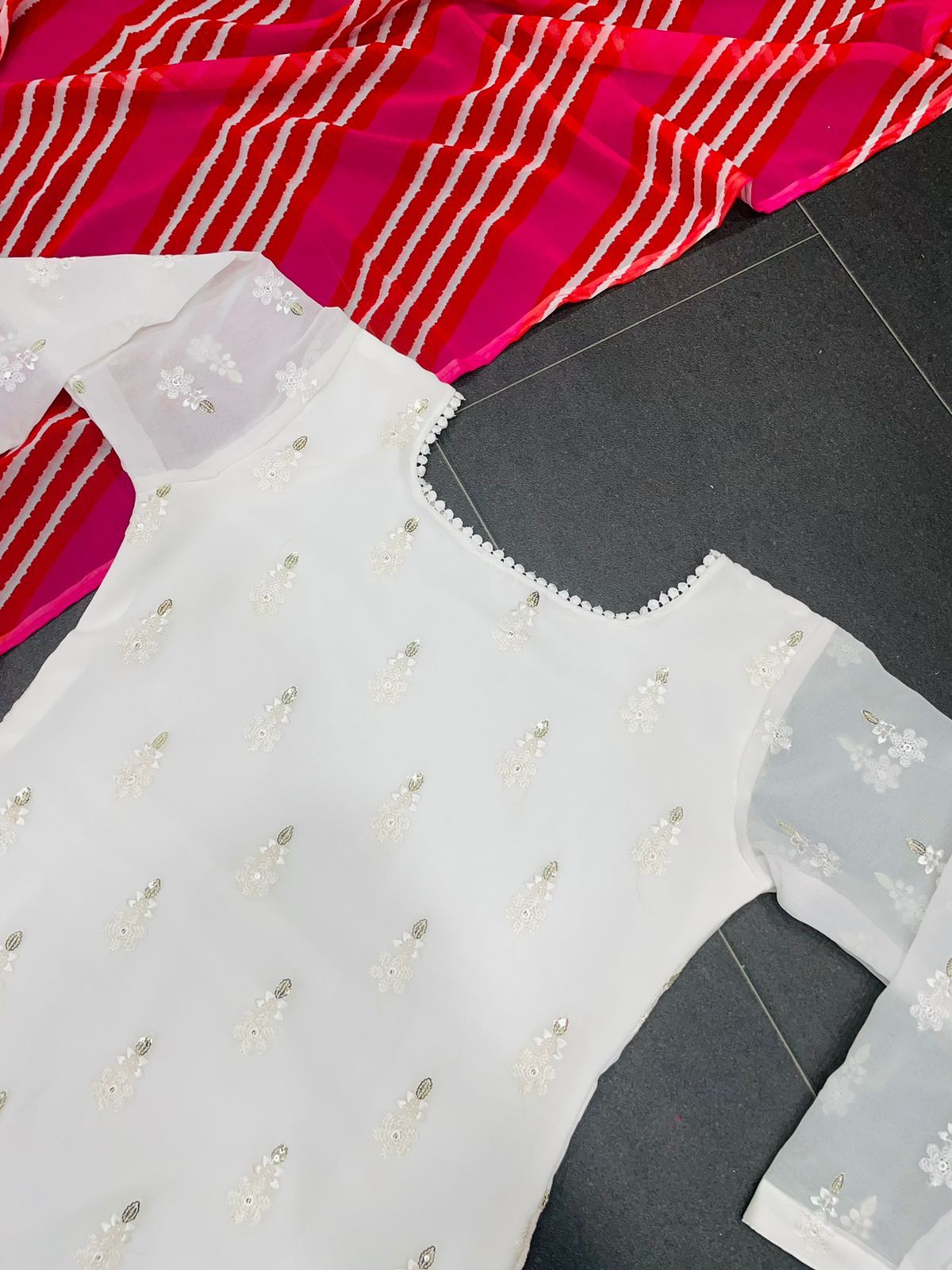 White color Georgette Thread Work Suit with Slub Cotton Pent and Digital Print Dupatta